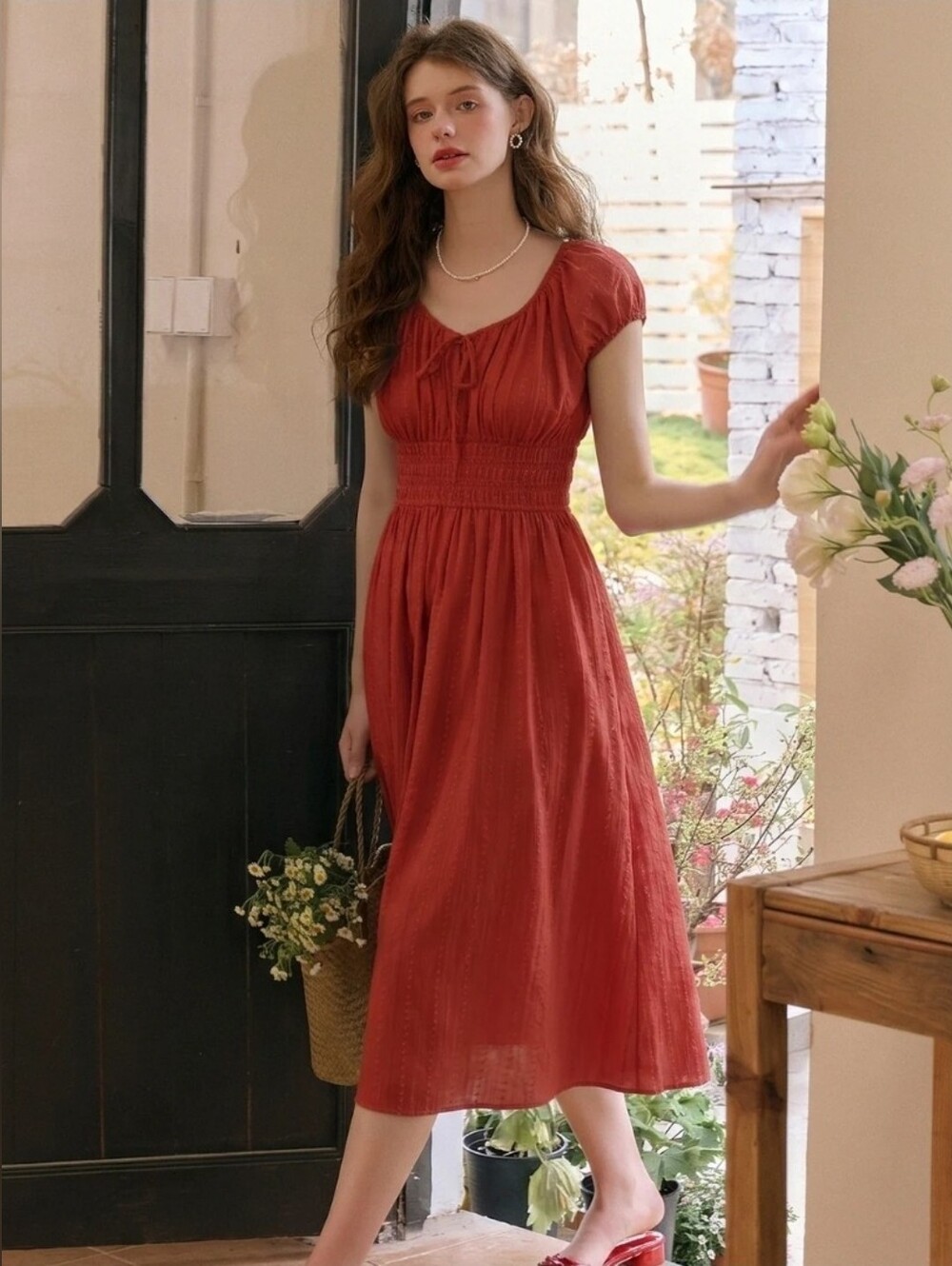 Women's Cottagecore Empire Waist Cap Sleeve Cotton Dress SIMPLE RETRO